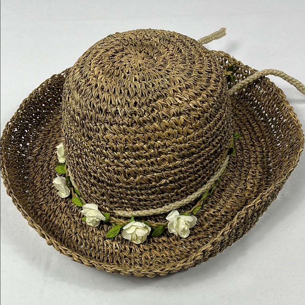 Elegant Brown Straw Hat with Floral Accents